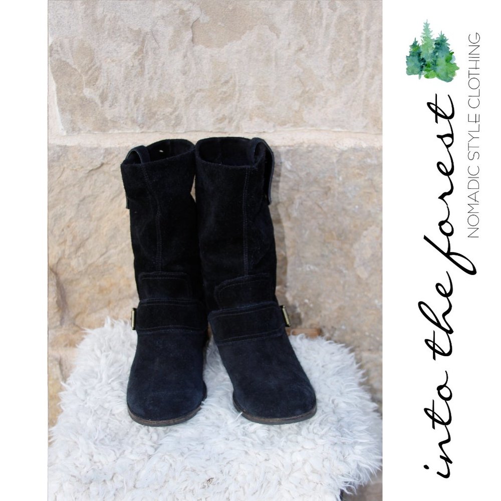 Clarks Indigo Black Suede Slouch Mid Calf Moto Buckle Low Heel Boots Size 8